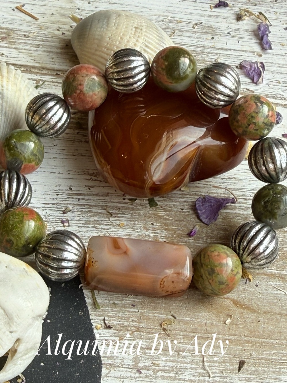 CHUNKY silver green gemstones bracelet + Unakite + Carnelian